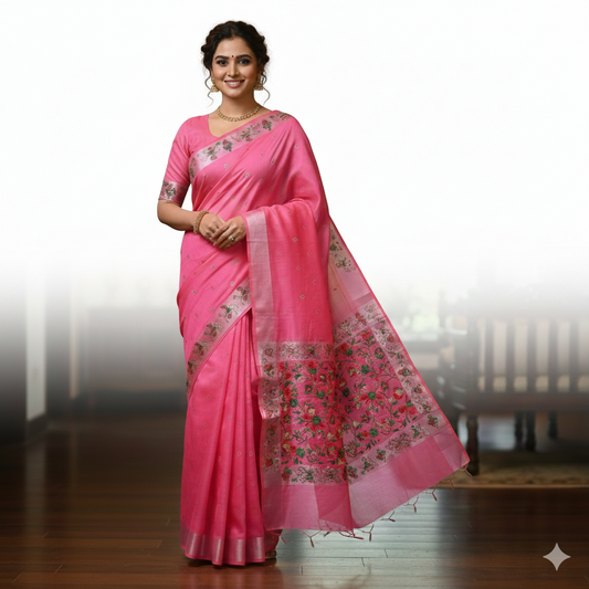 Pink Linen Emroidery Saree | Linen Pink