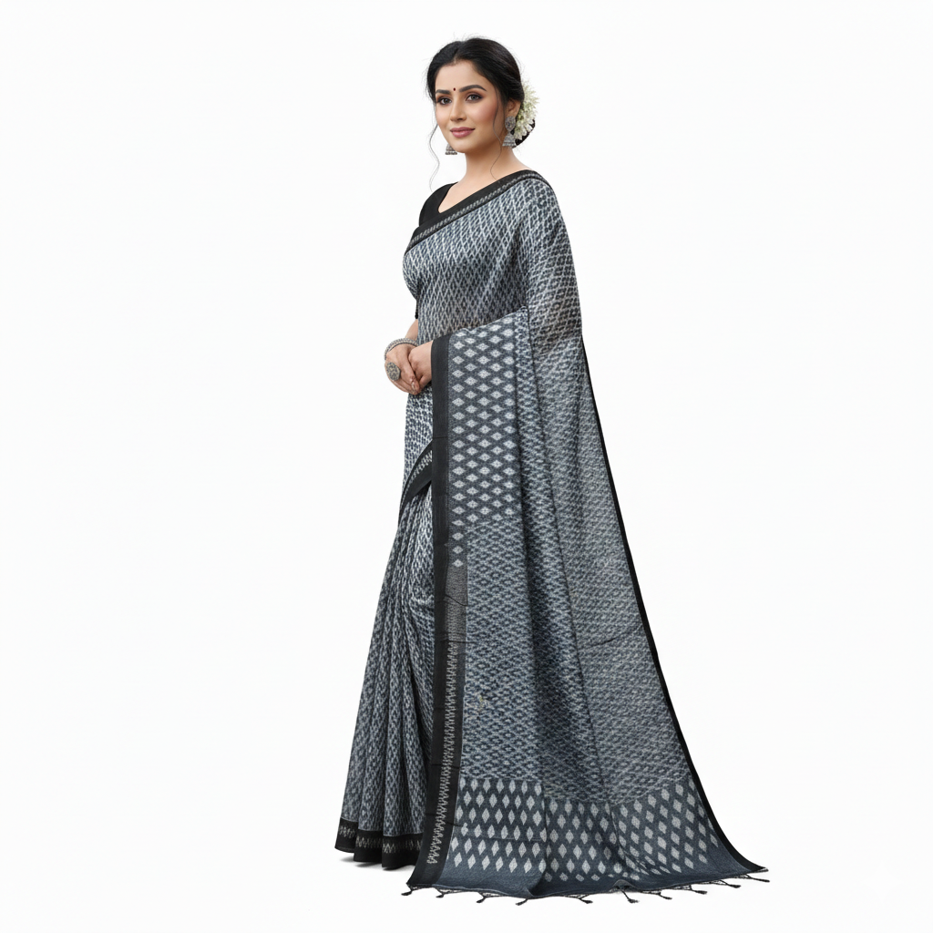 Black and White Kota Silk Saree | Pochampally Cotton