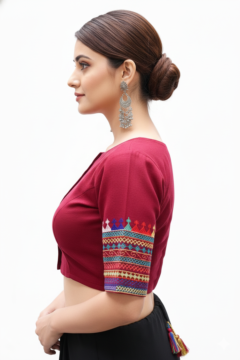 Maroon Thread Work Boat Neck Blouse – Elegant Ethnic Charm | S3 Fashions | S3B11