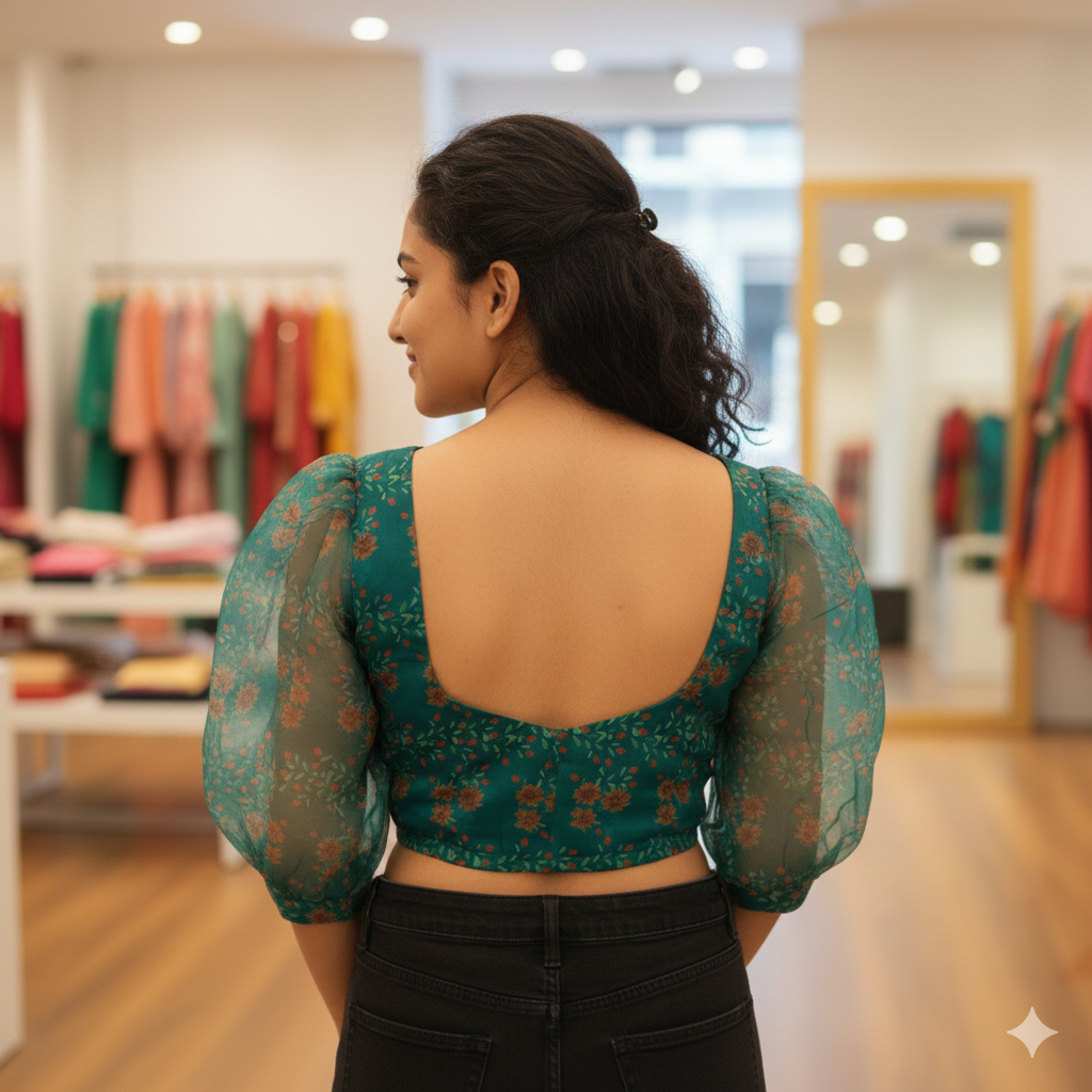 Bottle Green Organza Floral Print Puffy Sleeves Blouse | S3B1209A