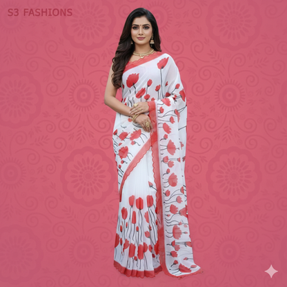 White floral red prinrted saree, dailywear
