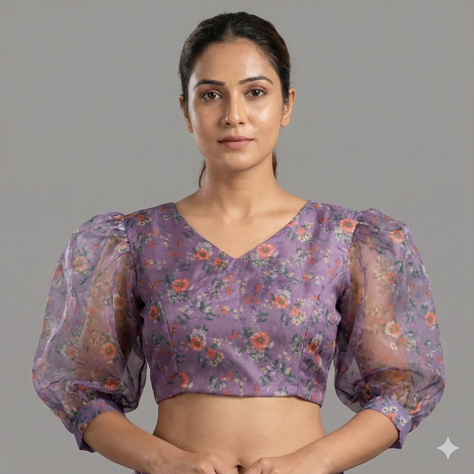Baloon Sleeves Floral Printed Purple Organza Blouse | S3B1209