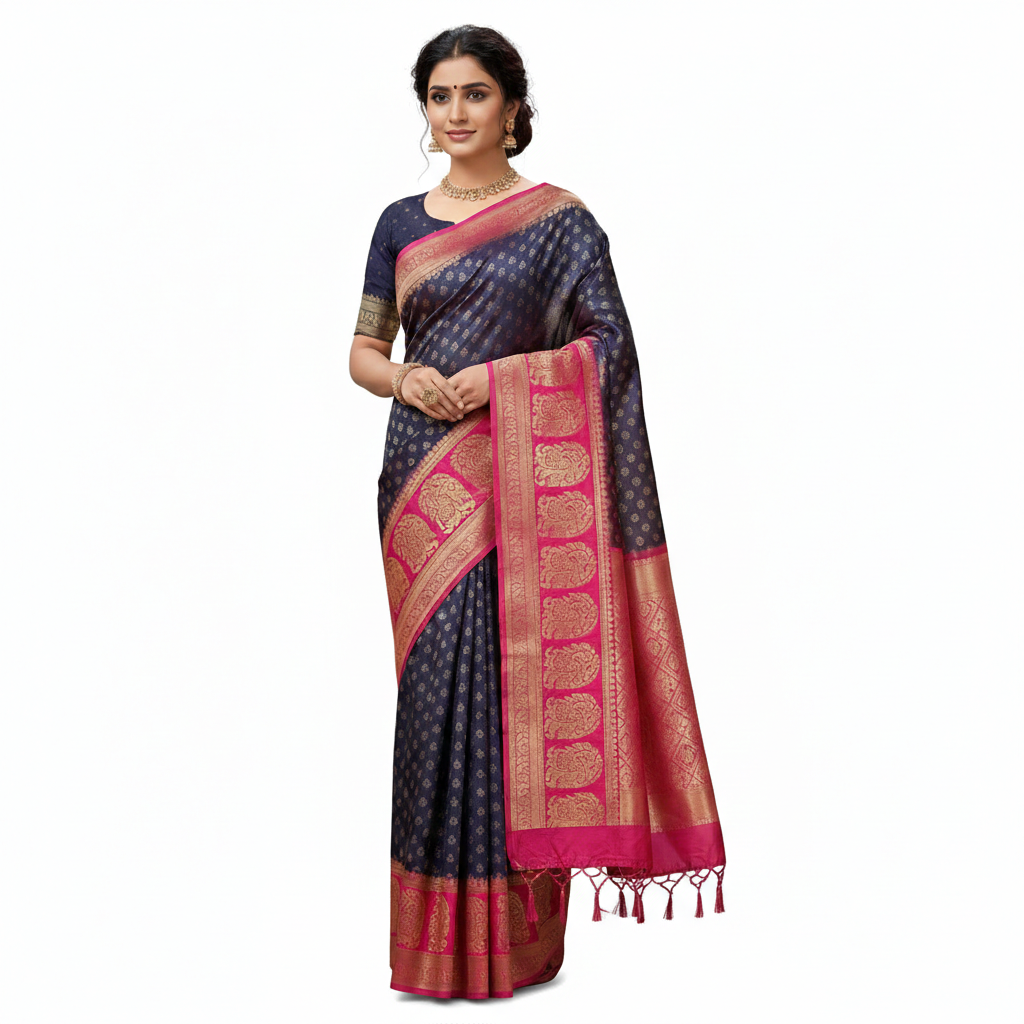 Elegant Navy Blue and Pink Saree – Shop Now