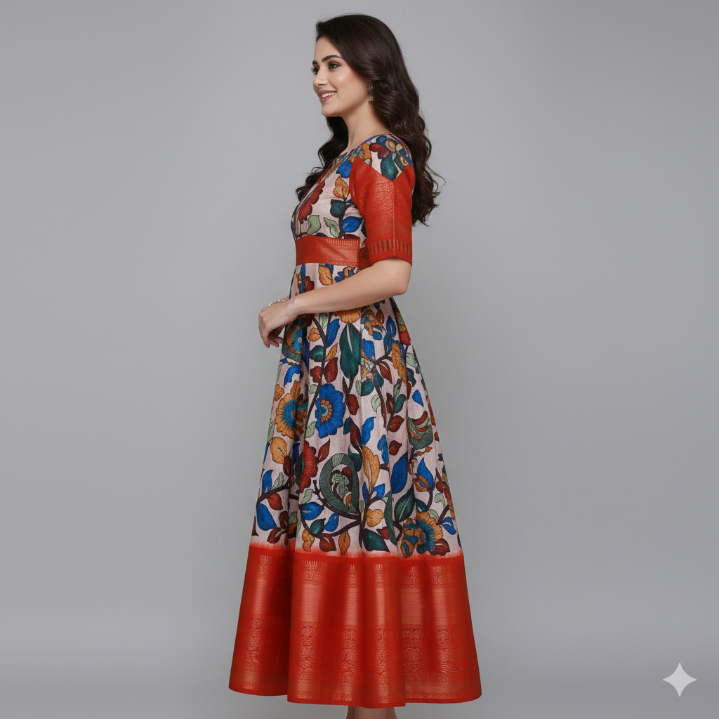 White & Orange Printed Soft Cotton Weaving Frock | Cotton Weaving Frock