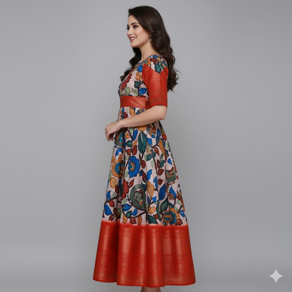 White & Orange Printed Soft Cotton Weaving Frock | Cotton Weaving Frock