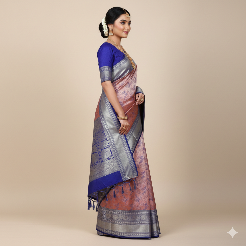 Blue and Peach Kanchi Pattu Saree | Big Border