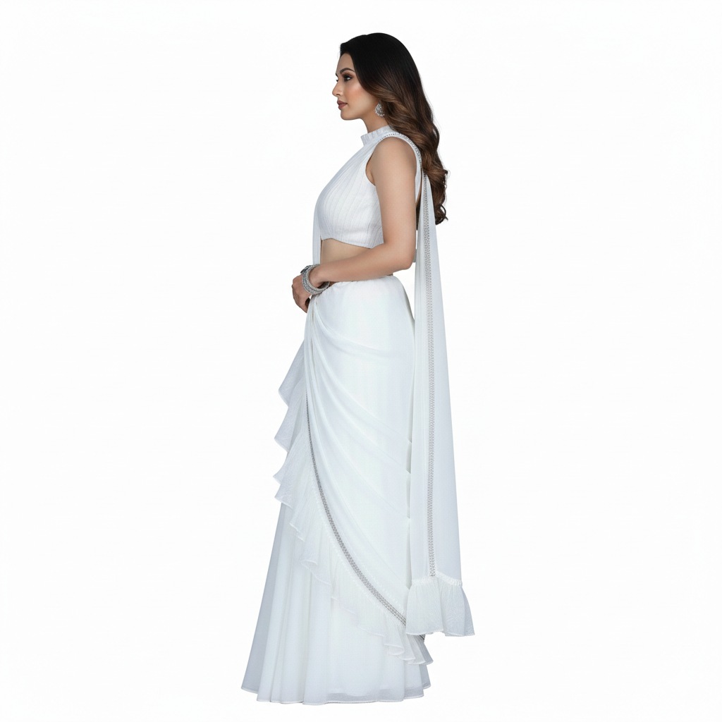 White saree with wrinkle design blouse and close neck, sleeveless blouse