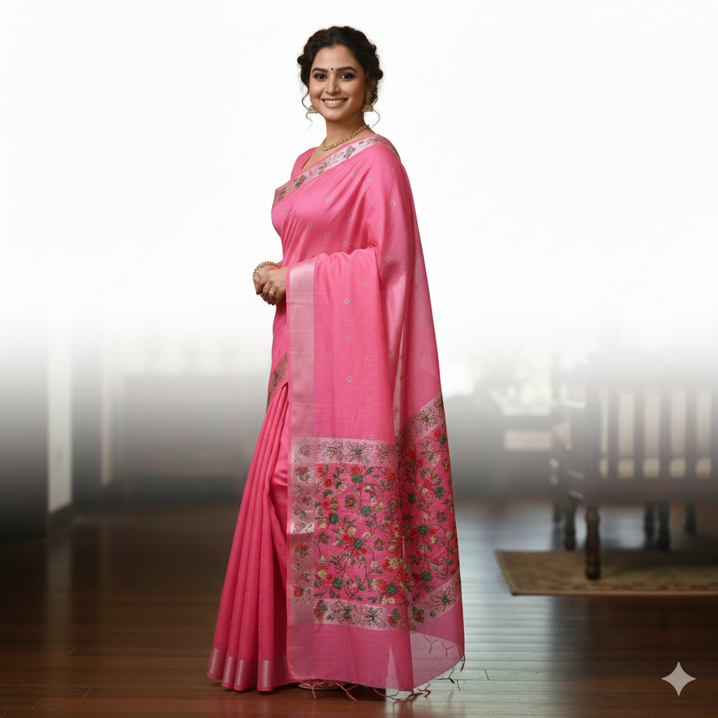 Pink Linen Emroidery Saree | Linen Pink