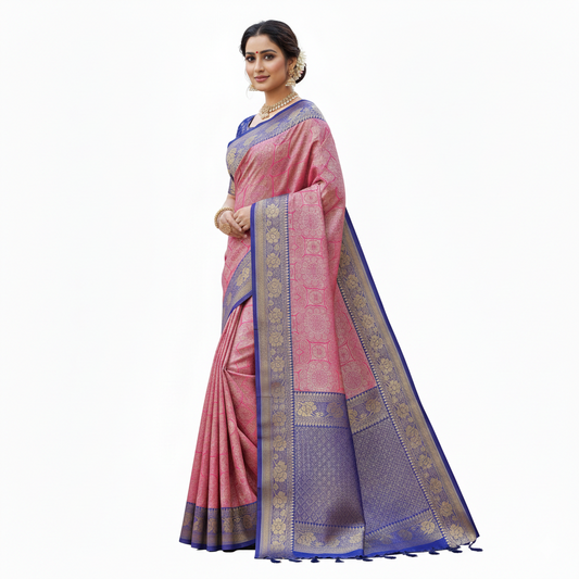Pink and Blue Border Pure Silk  Saree | Pure Silk Pattu