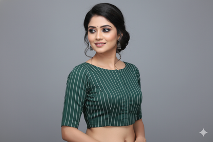 Bottle Green Vertical Lines Princess Cut Elbow Sleeves Blouse | S3B1171