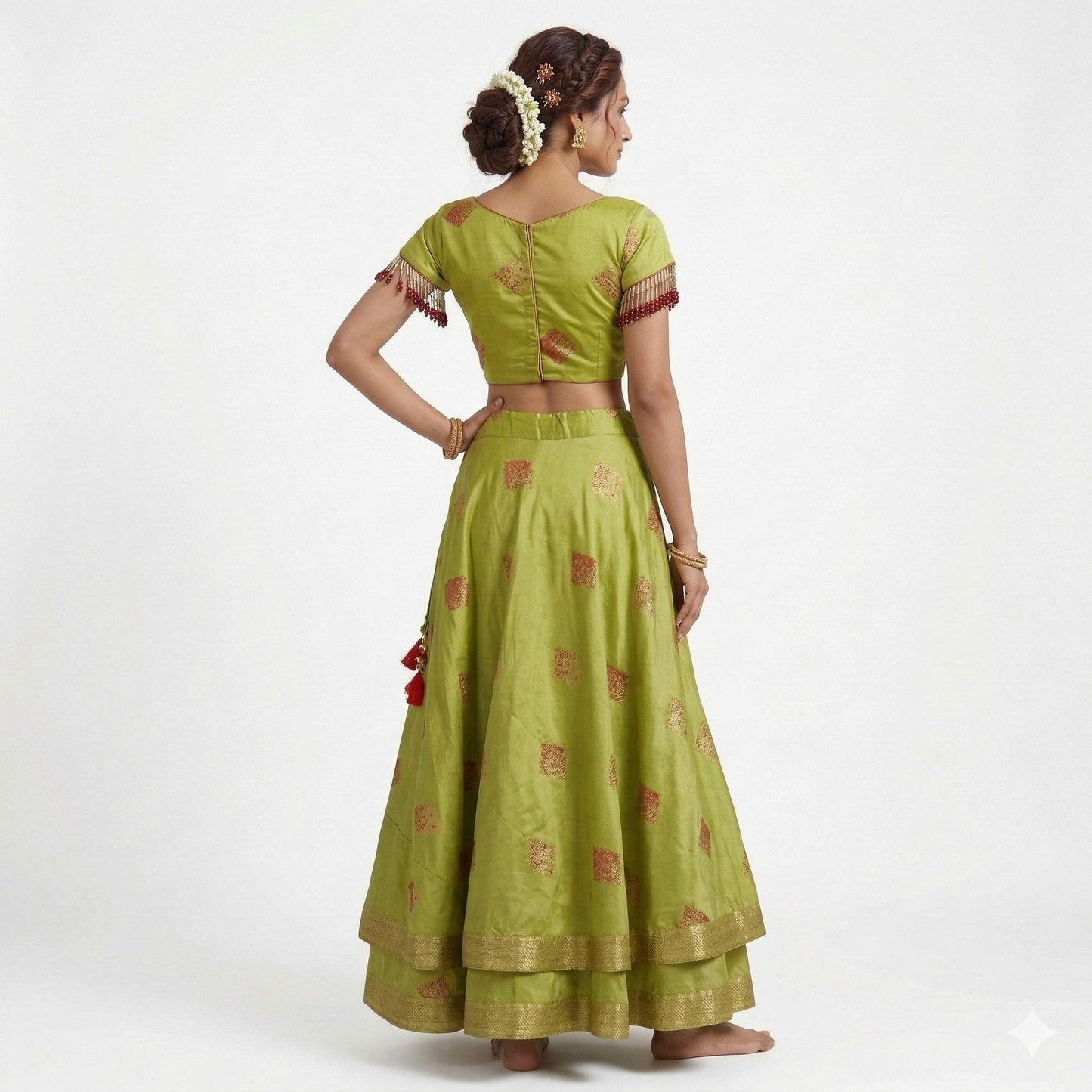 Princess Cut Blouse with Embellished Textiles Adorning Sleeves and Double-Layered Long Skirt | Long Skirt