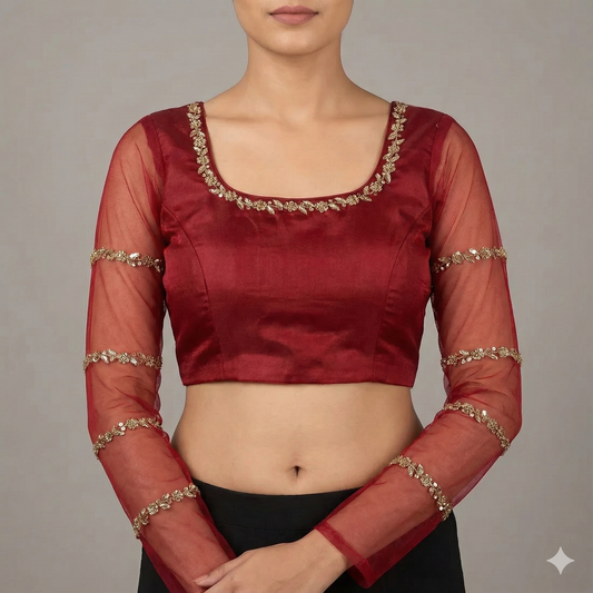 Maroon Organza Maggam Work Blouse | S3B1259