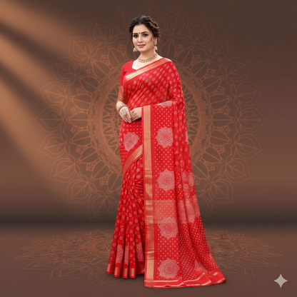Red gold rangoli design saree.