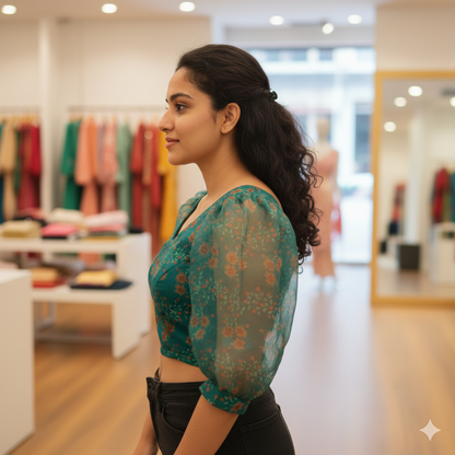 Bottle Green Organza Floral Print Puffy Sleeves Blouse | S3B1209A