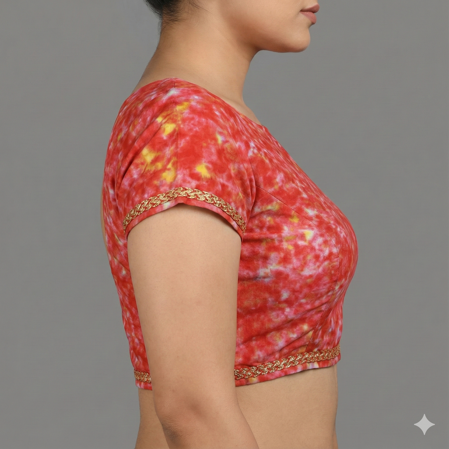 Red Tie & Die Boat Neck Short Sleeves with Back Frills Blouse | S3B1168