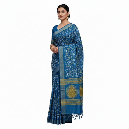 Blue Cotton Printed Saree