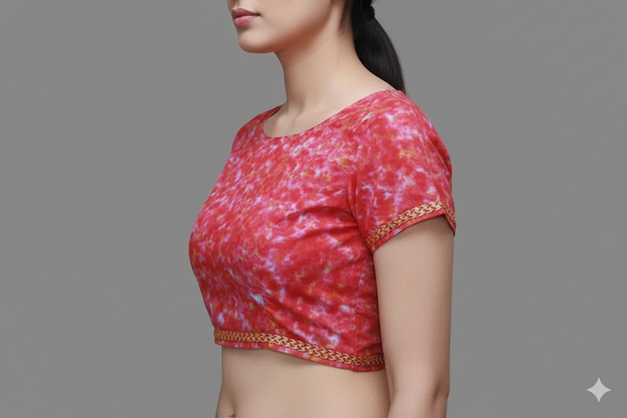 Red Tie & Die Boat Neck Short Sleeves with Back Frills Blouse | S3B1168