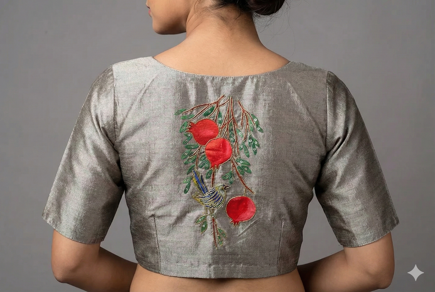 Artistic Handcrafted Blouse Adorned with Bluebird and Pomegranate Tree Paintings and Maggam Work | S3B1262
