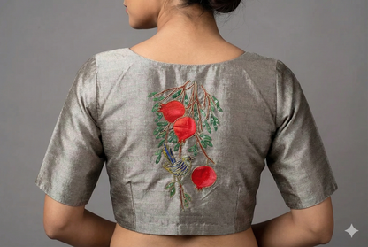Artistic Handcrafted Blouse Adorned with Bluebird and Pomegranate Tree Paintings and Maggam Work | S3B1262