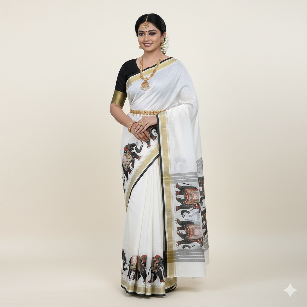 white elephant printed saree, Material - cotton silk