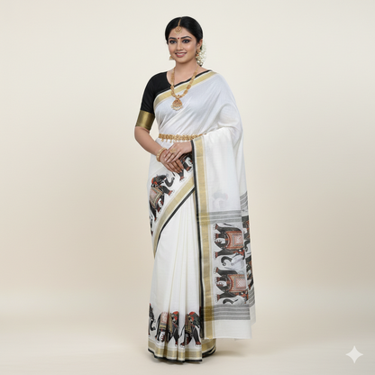 white elephant printed saree, Material - cotton silk