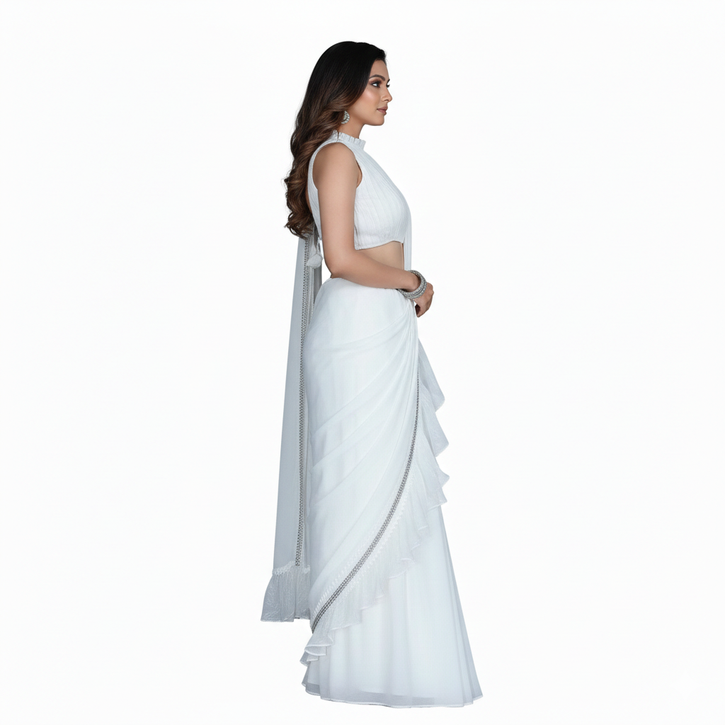 White saree with wrinkle design blouse and close neck, sleeveless blouse