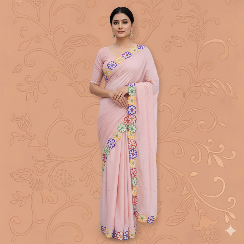Mul Mul Cotton Floral Embroidery saree