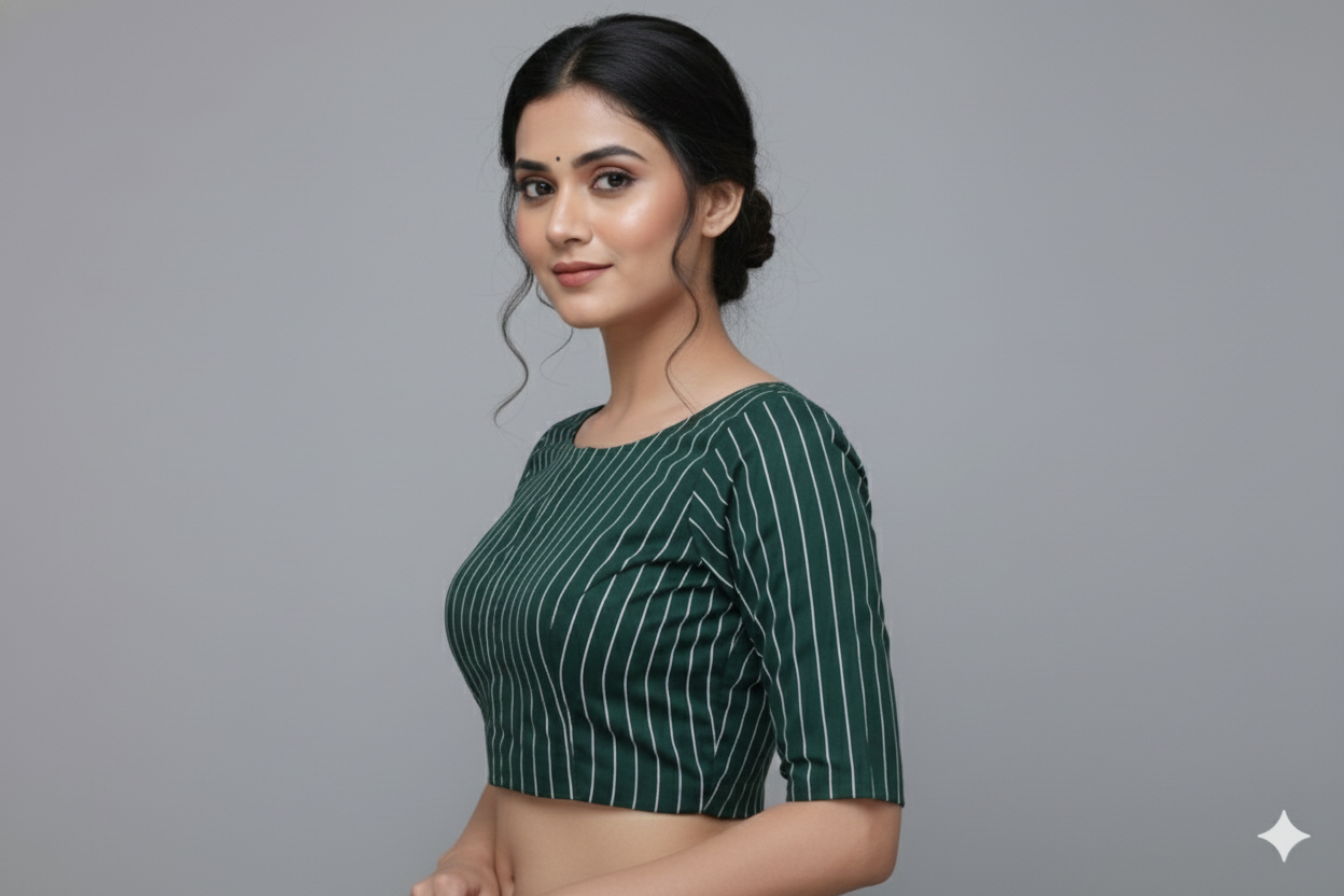 Bottle Green Vertical Lines Princess Cut Elbow Sleeves Blouse | S3B1171