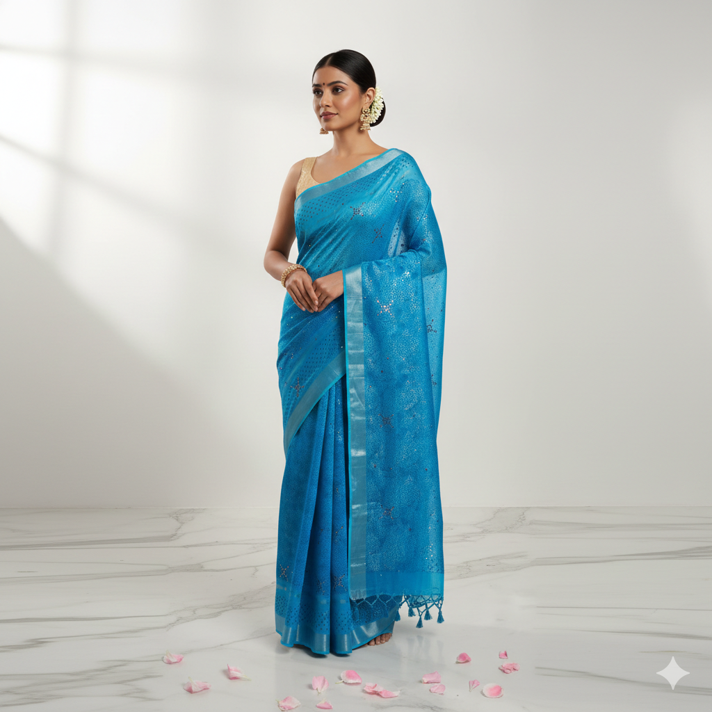 Blue Cotton Mirror Work Saree – Handcrafted Elegance