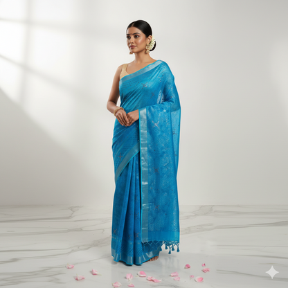 Blue Cotton Mirror Work Saree – Handcrafted Elegance