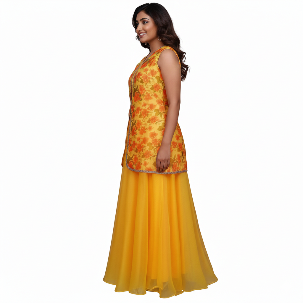 Yellow Floral Print Kurta with Skirt | S3TS1256