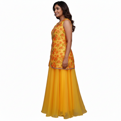 Yellow Floral Print Kurta with Skirt | S3TS1256