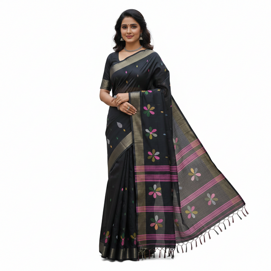 Lenin Soft Cotton Saree | Black Printed
