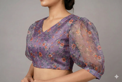 Baloon Sleeves Floral Printed Purple Organza Blouse | S3B1209