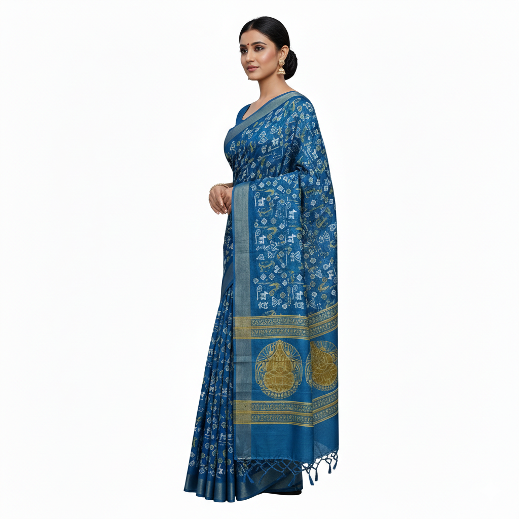 Blue Cotton Printed Saree