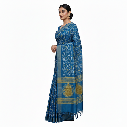 Blue Cotton Printed Saree