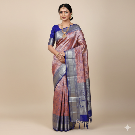 Blue and Peach Kanchi Pattu Saree | Big Border