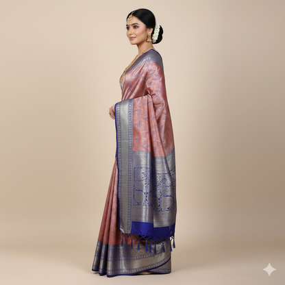Blue and Peach Kanchi Pattu Saree | Big Border