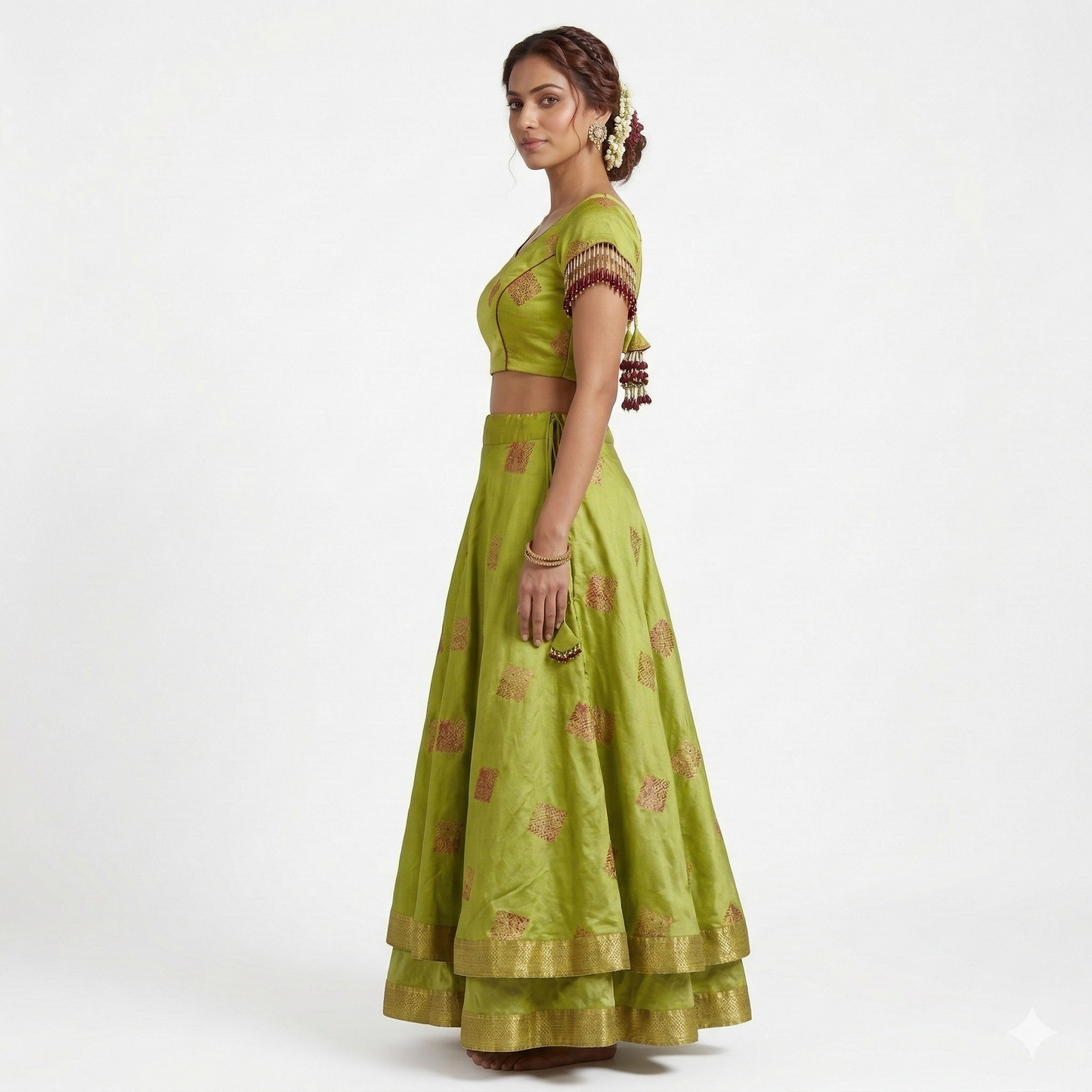 Princess Cut Blouse with Embellished Textiles Adorning Sleeves and Double-Layered Long Skirt | Long Skirt
