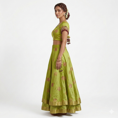 Princess Cut Blouse with Embellished Textiles Adorning Sleeves and Double-Layered Long Skirt | Long Skirt