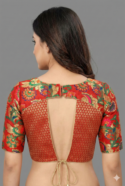 Red Floral Printed Pattu  Neck Pattu Blouse | S3B1235