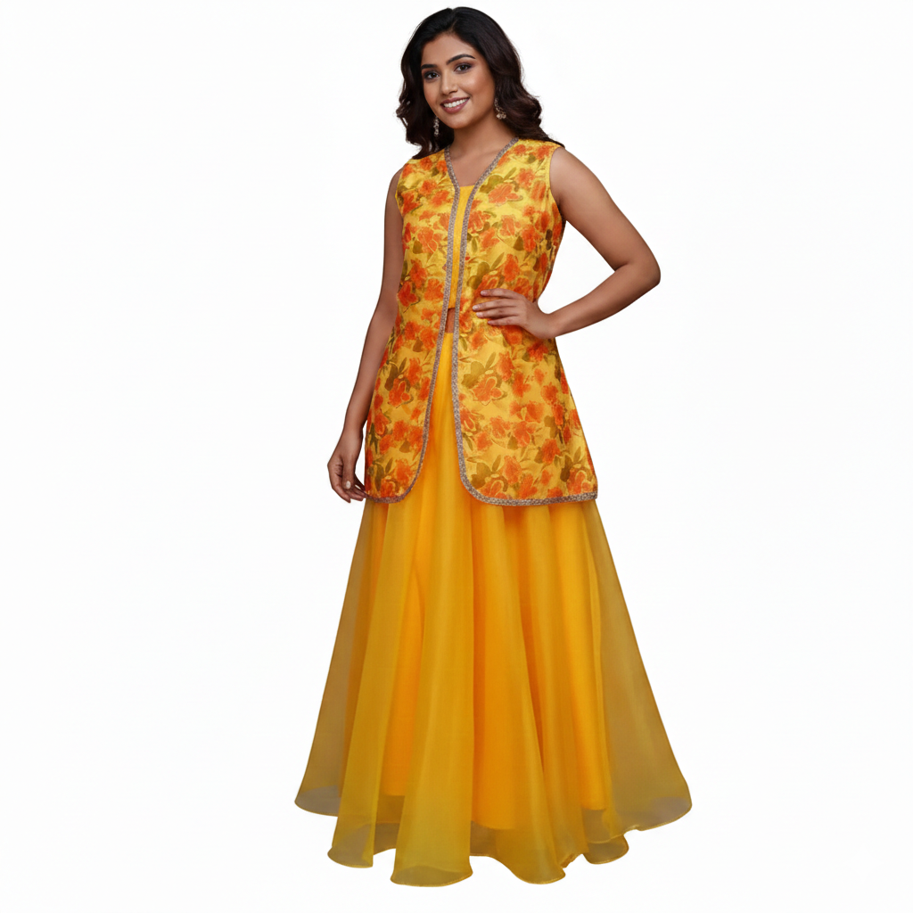 Yellow Floral Print Kurta with Skirt | S3TS1256
