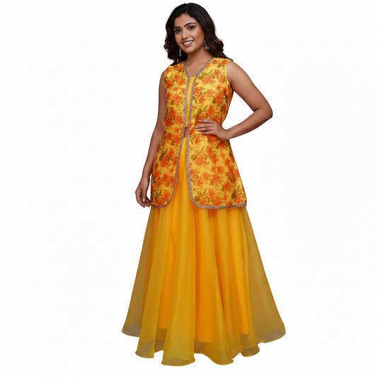 Yellow Floral Print Kurta with Skirt | S3TS1256