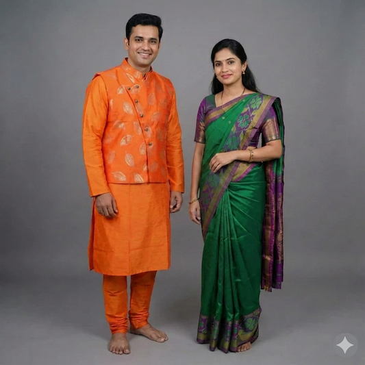Men's Sherwani,Women's Green Saree combo