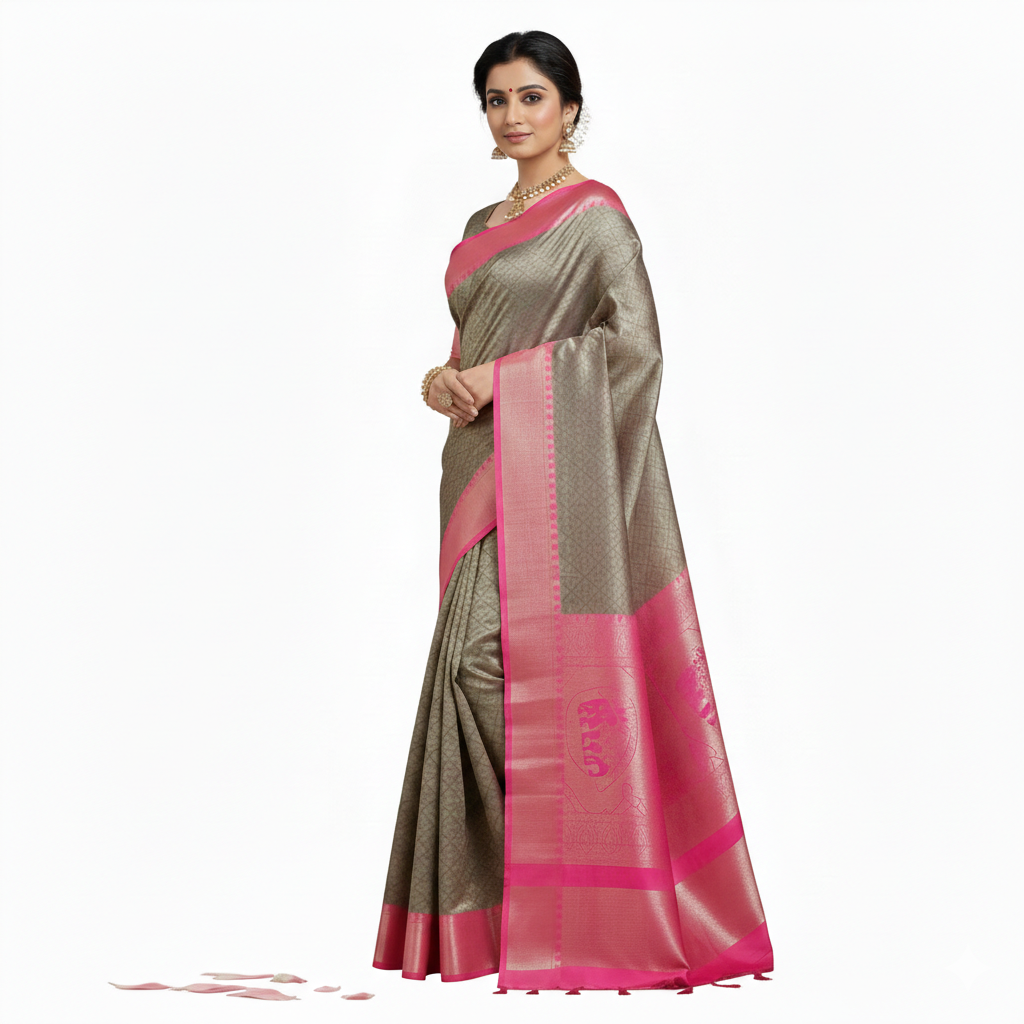 Grey and Pink Border Gadwal Silk Saree – Handwoven Beauty