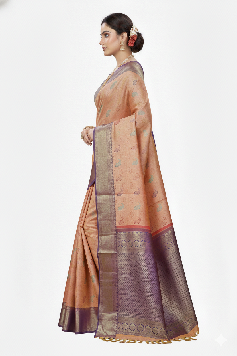 Mustard and Violet Pattu Saree | Purple Border
