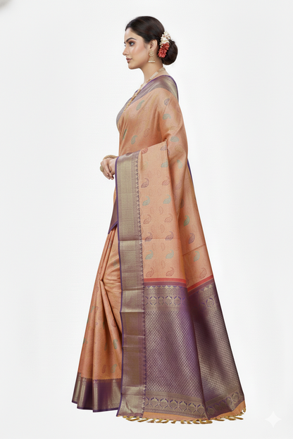 Mustard and Violet Pattu Saree | Purple Border