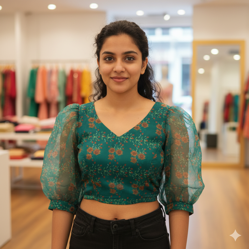 Bottle Green Organza Floral Print Puffy Sleeves Blouse | S3B1209A