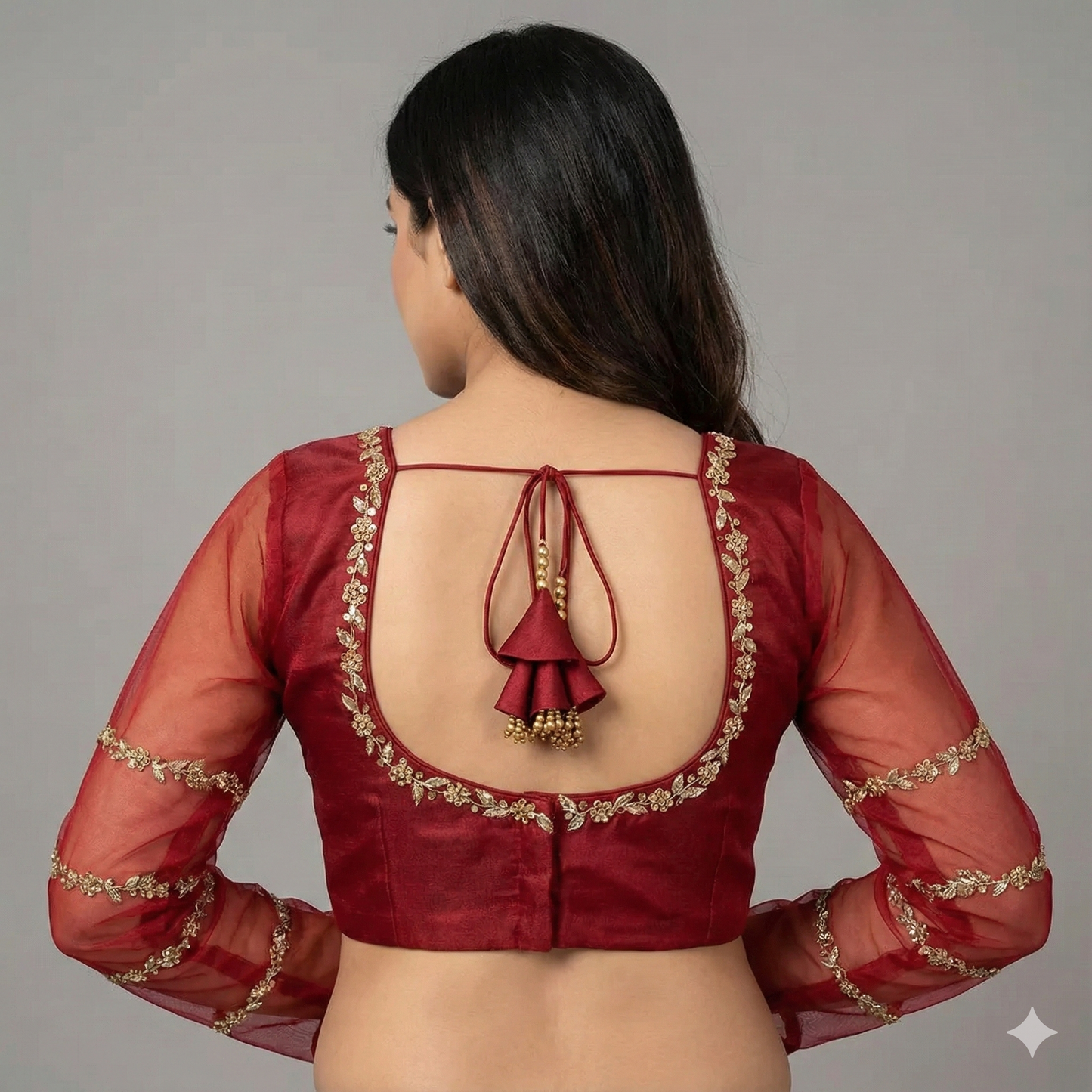 Maroon Organza Maggam Work Blouse | S3B1259