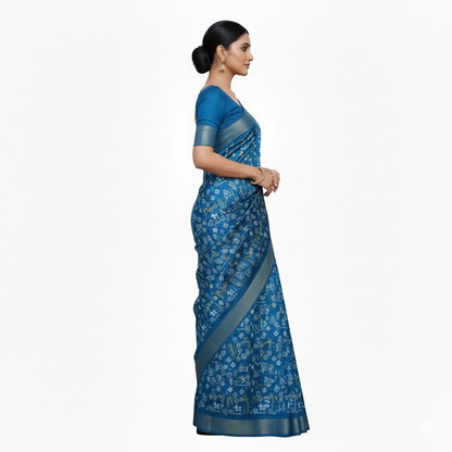 Blue Cotton Printed Saree